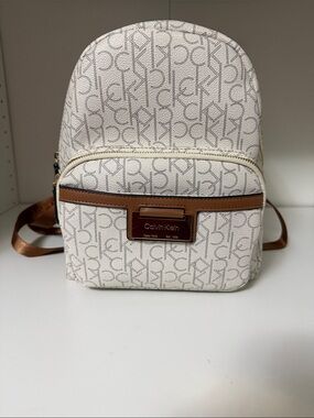 Calvin Klein White Logo Mini Backpack with Brown Trim Patch